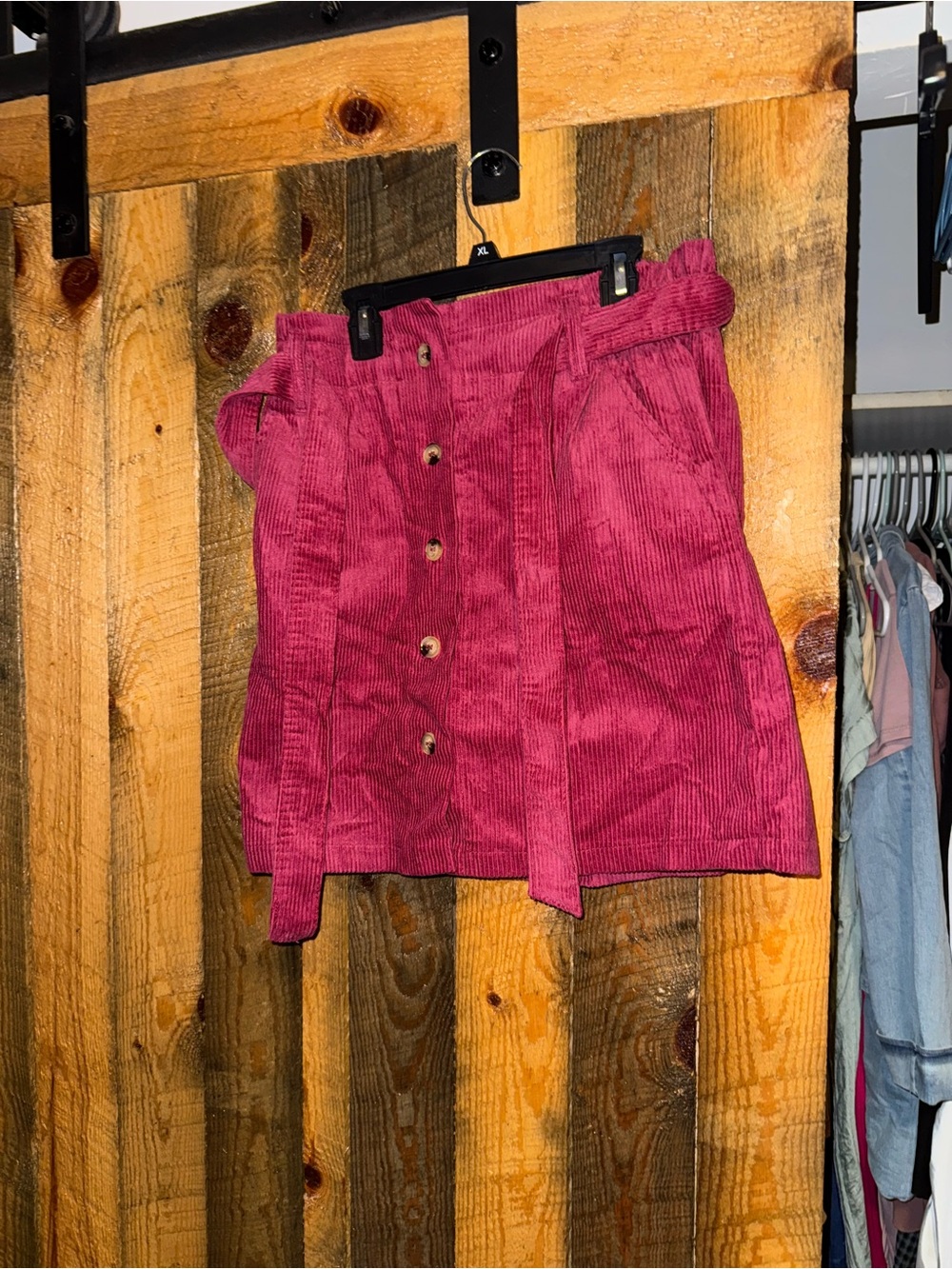Women’s Pink Corduroy Button-Front Skirt with Tie Waist